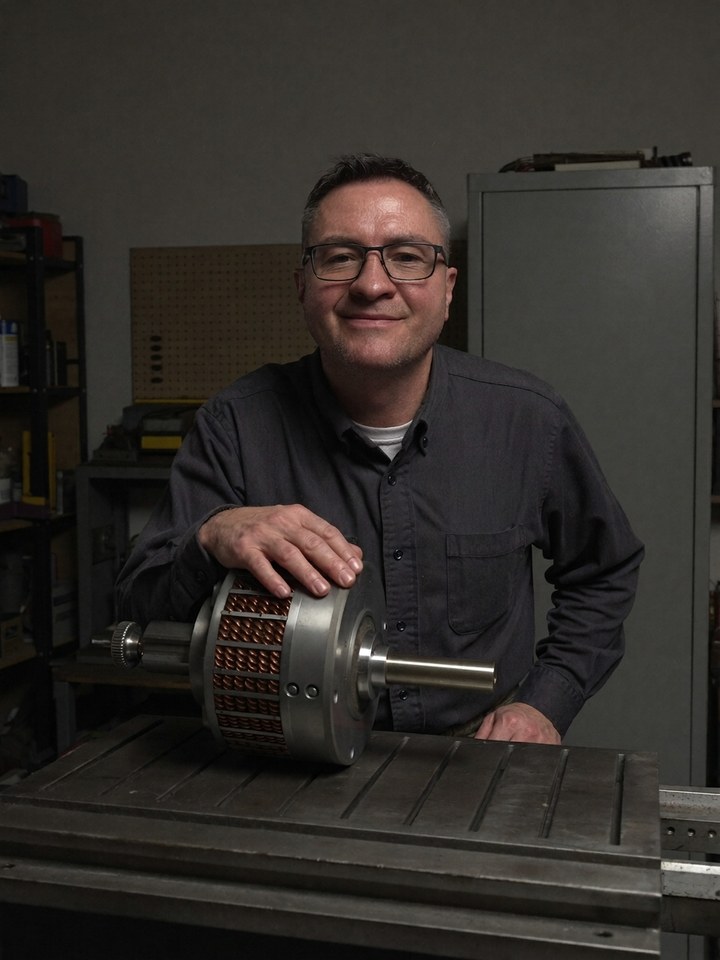Christian Kupatt an der Werkbank mit einer Motorspindel, KI-Porträt